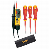 Fluke T150VDE/SD — комплект тестера напряжения/целостности с ЖК-дисплеем с переключаемой нагрузкой и омметром (версия VDE) и отверток с чехлом для хранения (крестообразной отвертки Fluke IPHS1, шлицевой отвертки Fluke ISLS8, крестообразной отвертки Fluke 